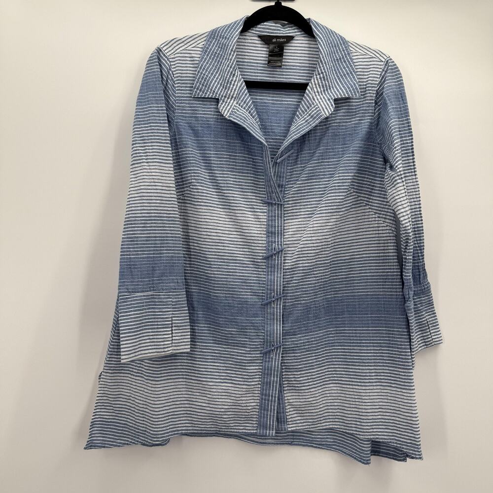 Ali Miles Shirt Womens Small Blue White‎ Stripe Collared Tunic Top 3/4 Sleeve
